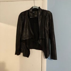 Faux leather motorcycle jacket with size zipper and drape collar, large